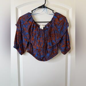 Vicolo Floral Paisley Print Off-Shoulder Crop Top in Blue & Brown Cottagecore